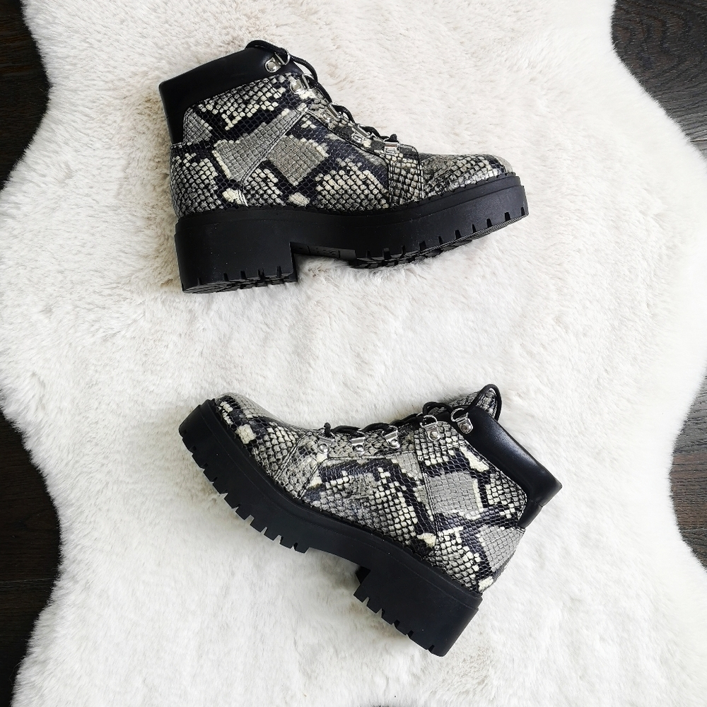 Marc Fisher Lug Kini Leather Snakeskin Combat Boot - Picture 2 of 15
